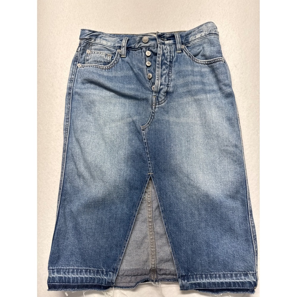 Free People We The Free Denim Midi Skirt Blue Button Fly Front Slit Size 26